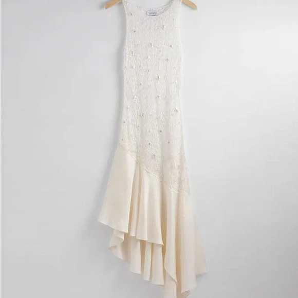 lace overlay dresses White Lace Dress With Mesh Overlay - White Midi Dress main image 0